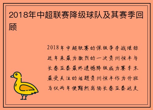 2018年中超联赛降级球队及其赛季回顾